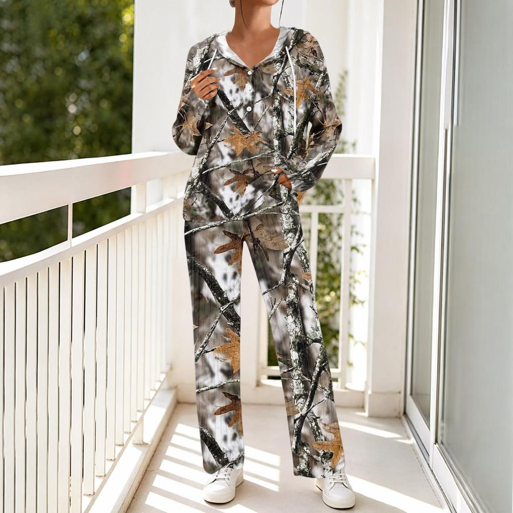 Women's V-Neck Print Long Sleeve Hooded Pajama Set with Pockets, Loose Fit Casual Wear