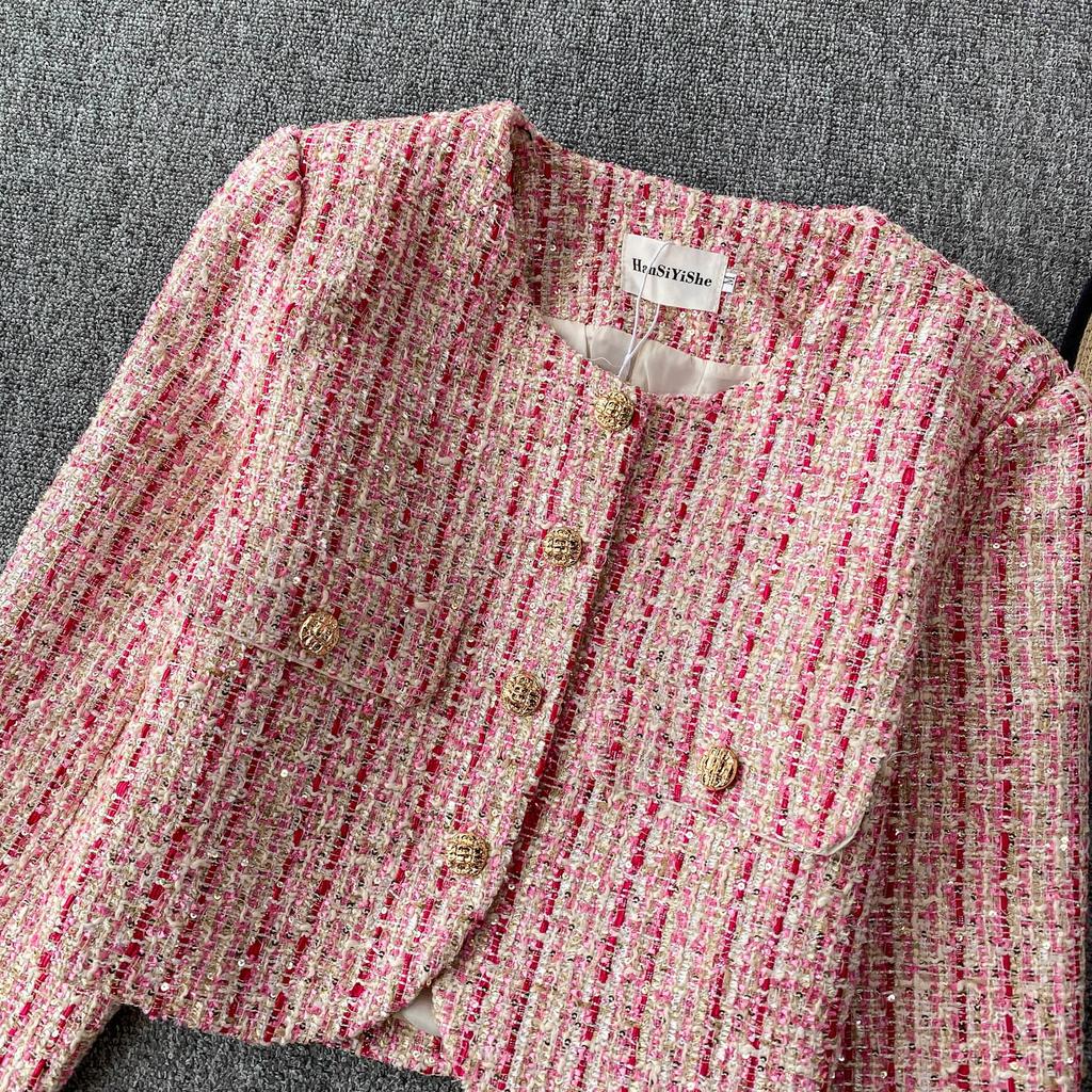 Autumn Winter Women Elegant Little Fragrant Wind Full Sleeve Single Breasted Plaid Tweed Short Jacket Coat