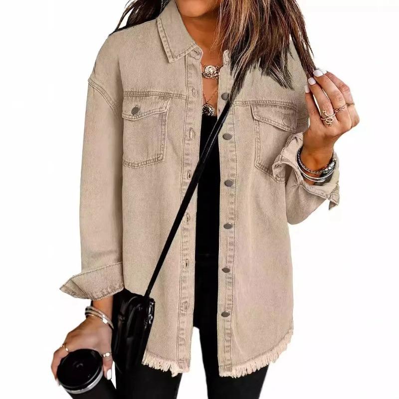 Washed Denim Jacket Women Autumn Tassel Lapel Jeans Female Casual Loose Long Sleeve Single Breasted Outerwear Shirts Coat