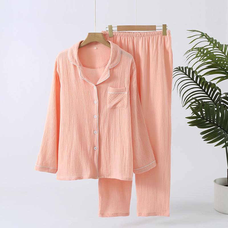Spring and Autumn New Women's Pajama Set 100% Cotton Solid Color Lapel Long Sleeved Pants Home Furnishing Two Piece Set