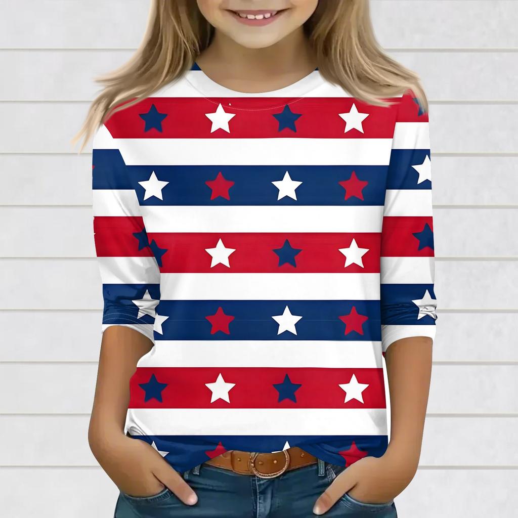 Print Tops For Youth Girls 3-10 Years Round Neck 3/4 Sleeves T-Shirts Trendy Tops Outfit Tees