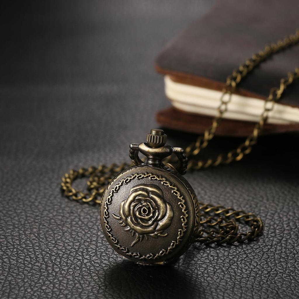 Pocket Watch Rose Antique Analog Display Waterproof Pocket Watch Pendant Necklace Chain Bronze Birthday Anniversary Christmas Valentine's Day Gift