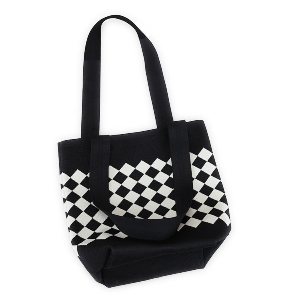 Rhombus Knitted Knitted Shoulder Bag Comfortable Handle Plaid Women's Handbag Portable Large Capacity Crochet Tote Bag Outing