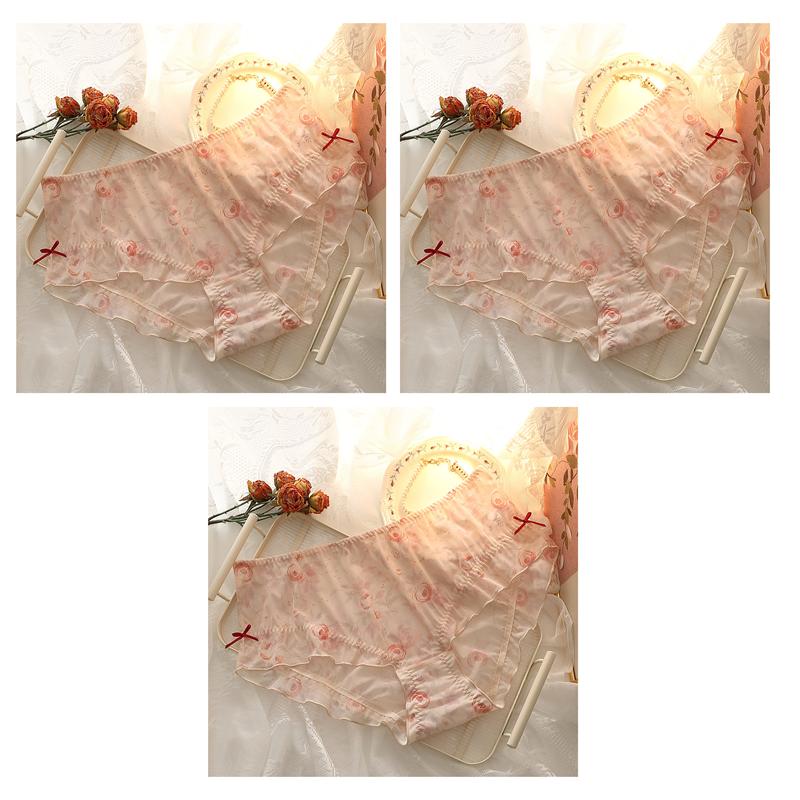 3 PCS Women's Plus Size Underwear Lolita Style Sexy Briefs Sheer Rose Tulle Panties L XL 2XL 3XL 4XL 5XL