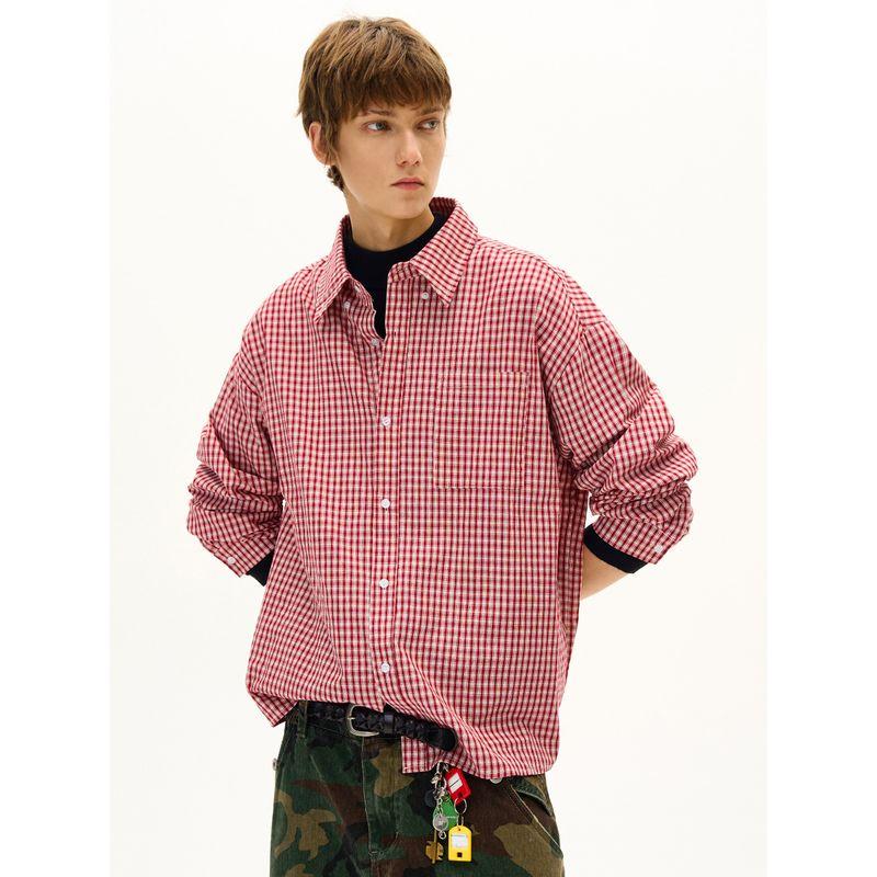 Madwitch American Classic Red and White Plaid Long-Sleeved Shirt for Men and Women, Loose Casual Versatile Couple Plaid Shirt