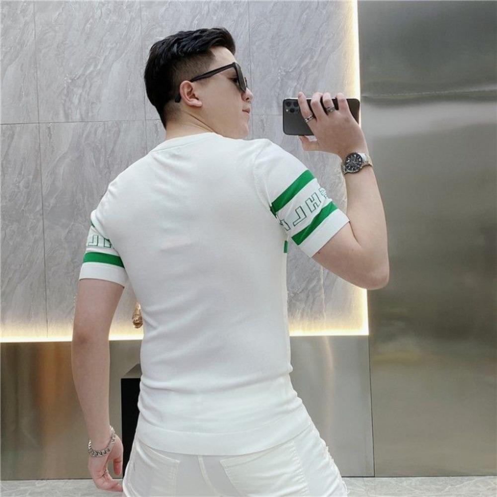 Men's Personalized Striped Knitted Slim Round Neck Half-sleeved Versatile Thin Top
