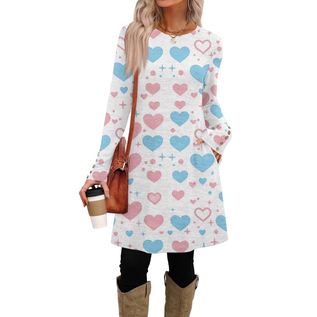 Damenmode lässiges Kleid mit Tasche, dekorativen Knöpfen, Rundhalsausschnitt, langen Ärmeln und Print