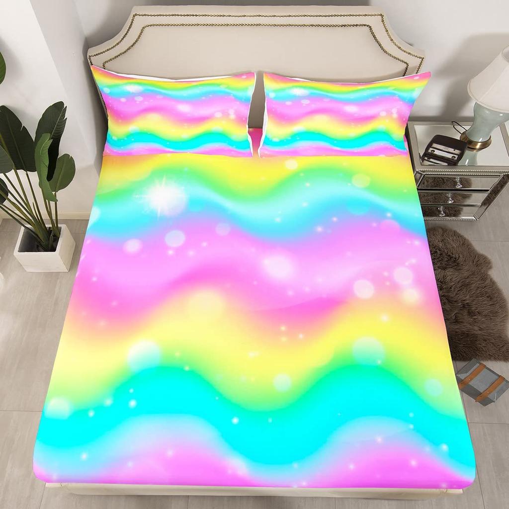 Color Mattress Three-Piece Digital Printing Couple Rainbow Bedspread Modern Cute Bedding Set