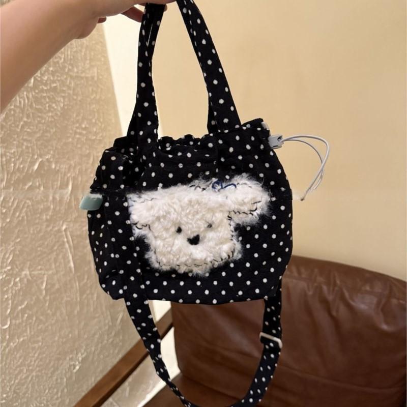 Korean Cute Black Polka Dot Puppy Crossbody Bag Women Cartoon Canvas Handbag Ladies Harajuku Sweet Large Capacity Shoulder Bags