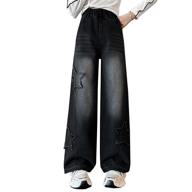 Teenage Girl Retro High Waisted Wide Leg Straight Jeans With Star Pattern For Kids Baby New Causal Denim Pants Girl Trousers