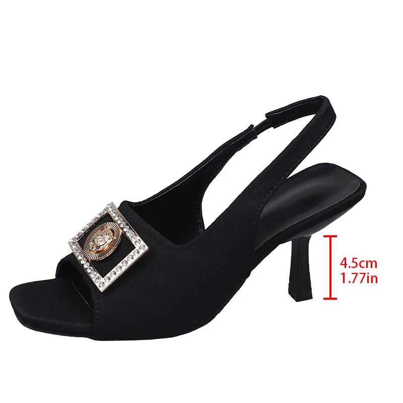 Fashion Women's Fashion Square Toe Sandals 2025 Summer New Designer Open-toed Rhinester Metal Buckle Heels Shoes Pumps Zapatos De Mujer