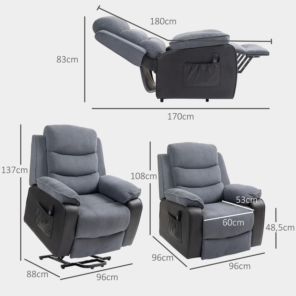 Overstuffed Corduroy Electric Lift Recliner Chair - Dark Grey