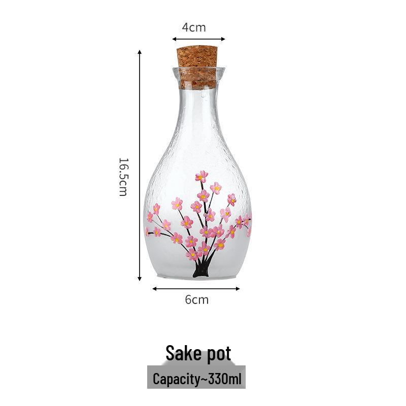 Cherry Blossom & Plum Glass Sake Set: Hand-Painted Pot & Cups