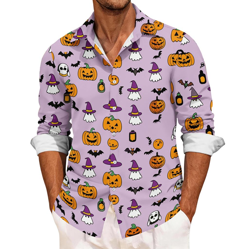 Men's Casual Long Sleeve Shirt with Halloween Print Relaxed Fit Button Down Top for Everyday and Festive Occasions