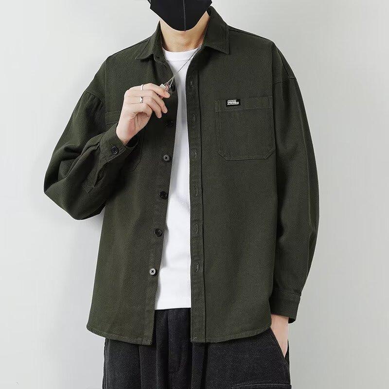 Camicia a maniche lunghe di cotone da primavera e estate da uomo, ampia, di tendenza, americana con risvolto, tasche, camicia, capispalla, top