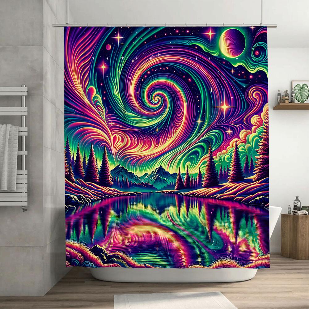 Vibrant Galaxy Shower Curtain Cosmic Waves Pattern with Stars Planets Bathroom Decor for Wet Areas