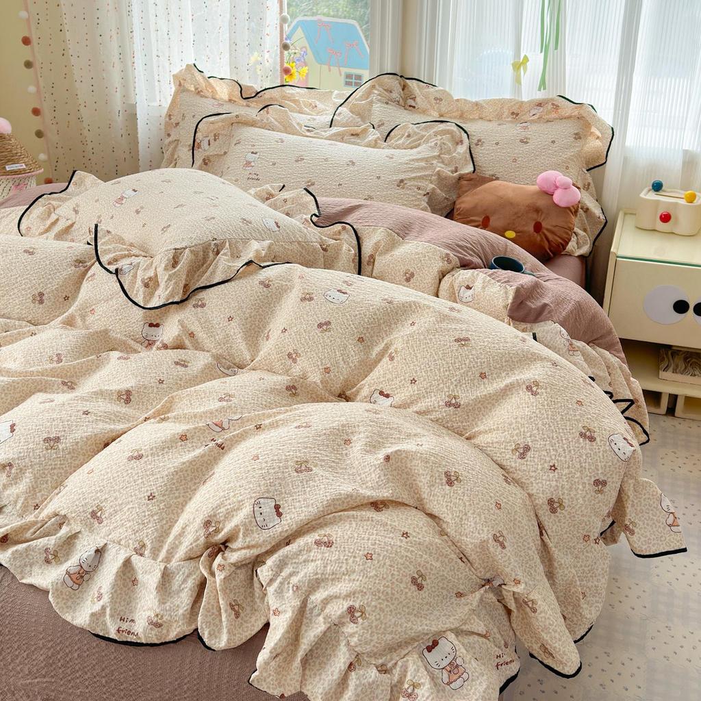 Bubble Cotton Fresh Floral Lace Bedding Set - 4-Piece Soft Duvet Cover & Sheet