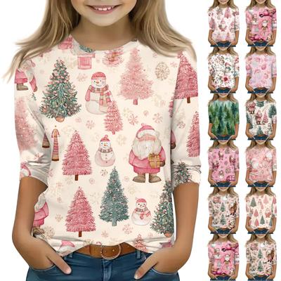 Christmas Day Print Tops For Youth Girls 4-11 Years Round Neck 3/4 Sleeves T-Shirts Trendy Tops Outfit Tees