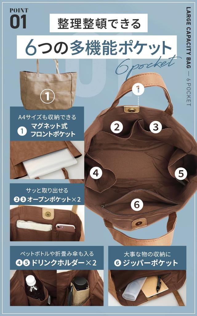 Tote Large Fits Shoulder Uneven 6 Unisex [Miwoluna] Men's Bag, Capacity, Lightweight, A4/B4 Sizes, Bag, Pattern, Casual, Pockets, (Greige)