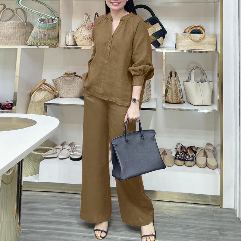 

ZANZEA Женская блузка с длинным рукавом и брюки повседневный комплект из двух частей XL коричневый