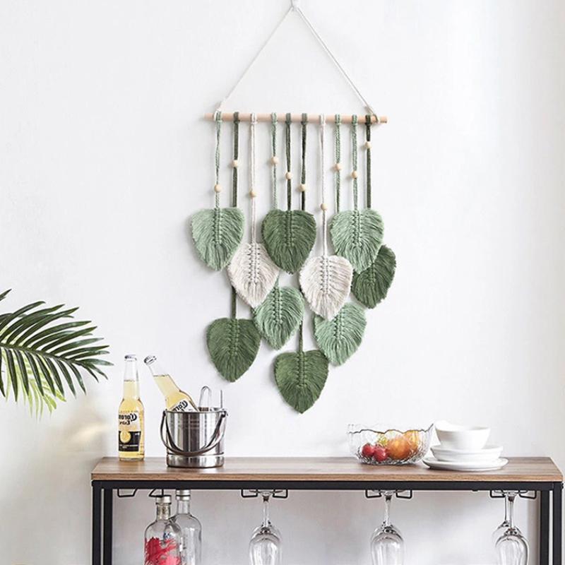 

Modern Woven Wall Decor, Beautiful Room Decor, Green Leaves Hanging on The Walls, Bohemian Style, Feather, Ramadan Easter Gift