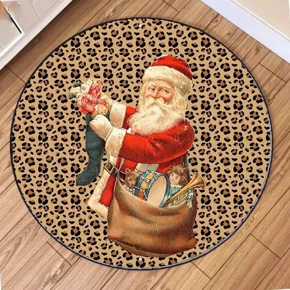 Cartoon Vintage Leopard Santa Claus Round Carpet Mat Rug Christmas Gift Bag Holly Home Decoration Living Room Bedroom Party