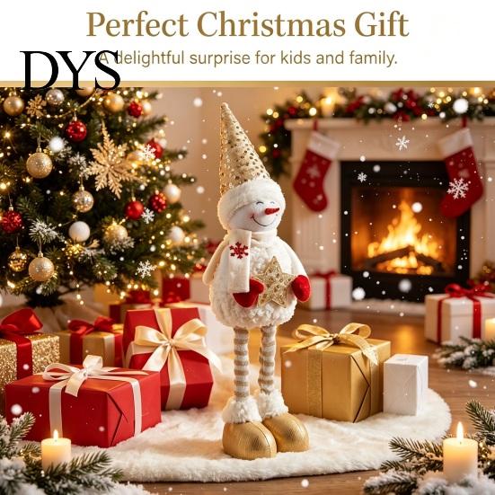 Retractable Long Leg Snowman Dolls Christmas Plush with Extendable Legs, Sequins Hat Holding Star Soft Decor Doll, Standing Legs Xmas Decoration