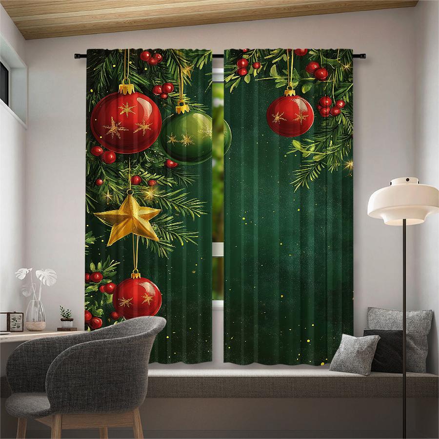 2pcs- Christmas ball printed curtains   pole bag curtains   Christmas decorations   home decorations   room decorations