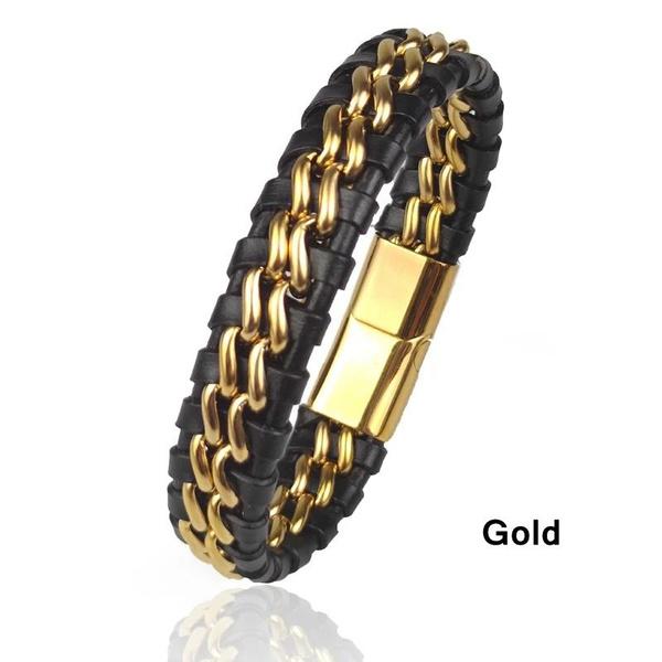 

Новий модний панк-вінтажний шкіряний плетений браслет з нержавіючої сталі, браслети-ланцюжки для жінок, чоловіків, ювелірні подарунки золотий