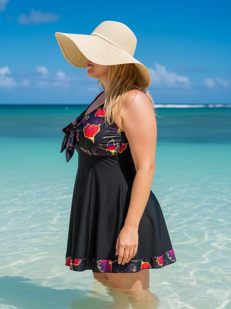 Plus-Size European & American Floral Tankini Swim Skirt and Briefs Set