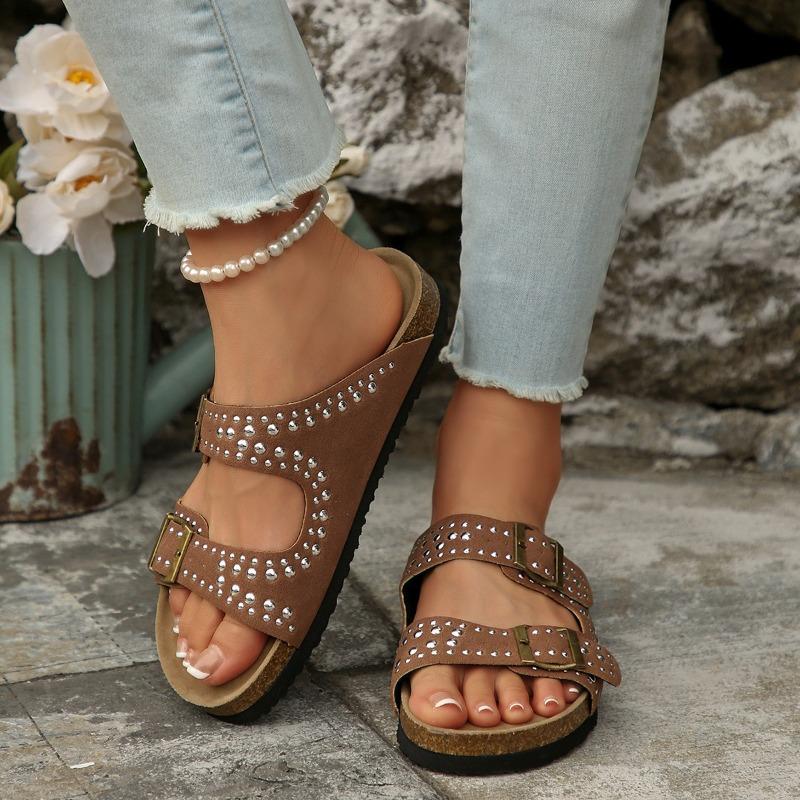 

Плоские шлепанцы Лето Новые Круглый носок Открытый носок Металлическая пряжка С шипами Противоскользящие Износостойкие Большой размер Римские 43 темно-коричневого