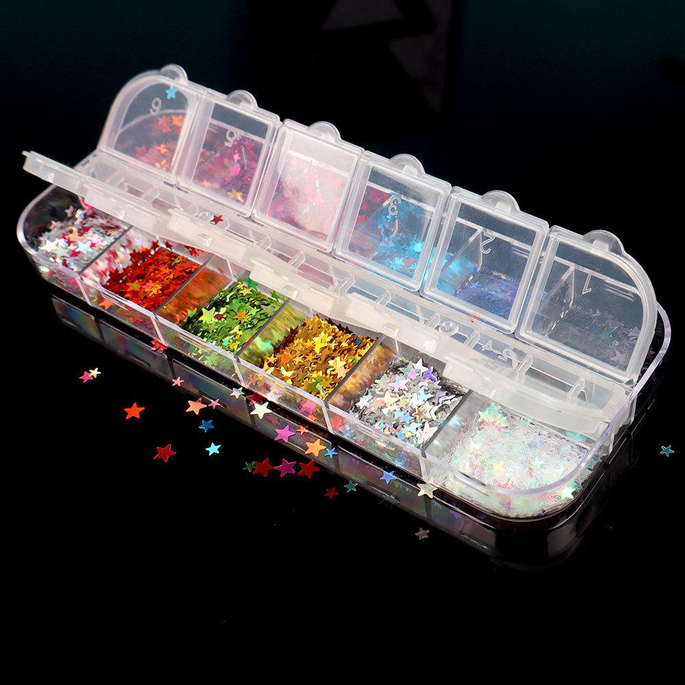 Nagelglitzer-Pailletten, 12 Gitter/Box, Zellstoff, unregelmäßige Flocken, Nagelglitzer, glänzender Laser, mehrfarbig, Nagelkunst-Dekoration