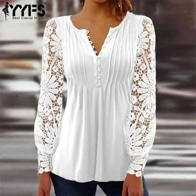 אופנה לנשים קז'ואל אביב סתיו צבע אחיד הדפס דפוס פרחים עם שרוולים ארוכים חולצות וחולצות עם צווארון V