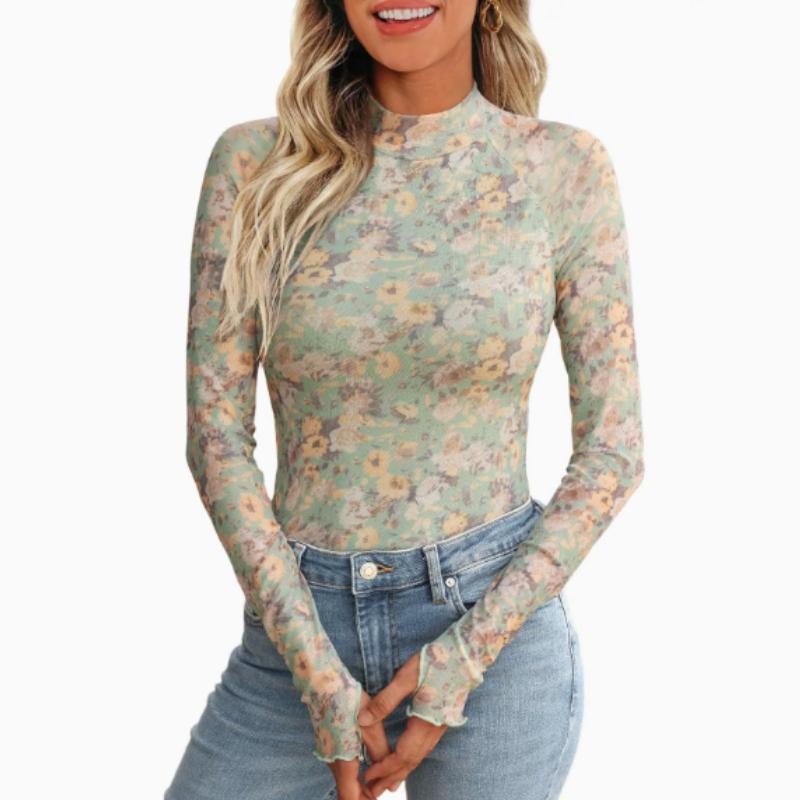 Leopardenmuster Mock-Neck T-Shirt, Essentielles Langarm Slim Top für Frühling & Herbst, Damenbekleidung