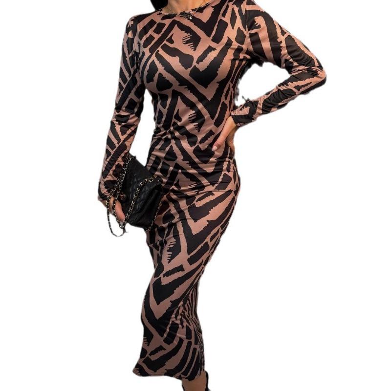 Damen Print Slim-Fit Hoch tailliertes MIDI-Kleid Langärmliges Kleid
