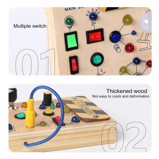 LED Light Switch Busy Board Toddler Light-up Switch Control Wooden Board Toy Portable Travel Fine Motor Skills Kids Early Learning Activity Game Board