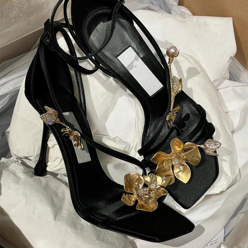 Fashion Elegant Square Toe High Heel Sandals Women's Summer Shoes Metal Flower Decoration High-heeled Sandals Mules Slides