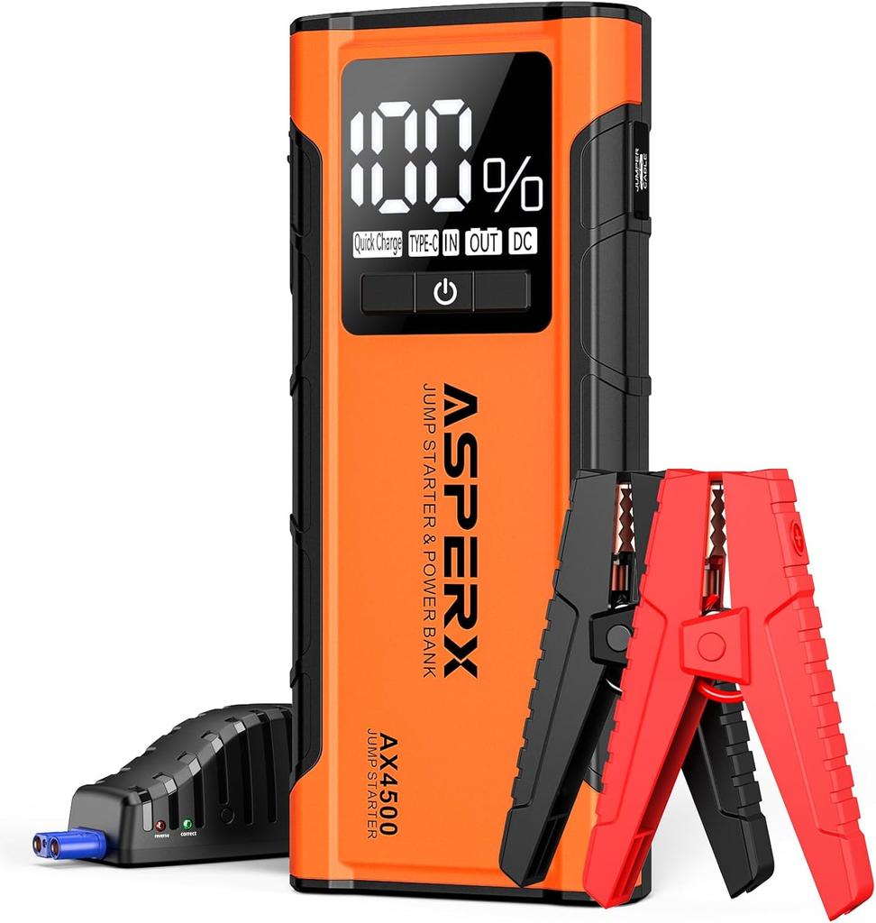 AX4500 Jump Starter, 4500A Peak, 12V Lithium Battery Booster with 4' LCD & LED Light