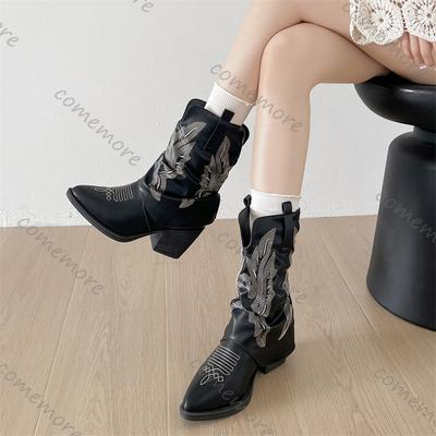 Fashion Comemore Vintage Autumn Thick High Heels Women Western Cowboy Mid-calf Boots Fashion Ladies Slip On Embroidery Short Booties