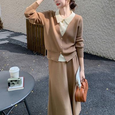 Color Matching Fake Two-piece Design Lapel Two-piece Set Autumn and Winter New Temperament Light and Mature Wind Knitted Sweater Set Women