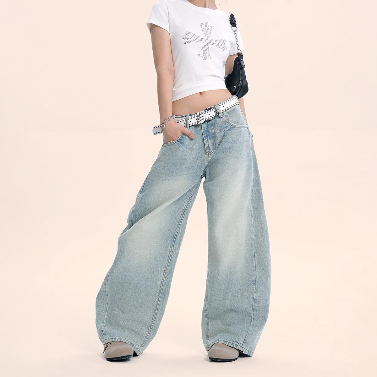

Yongfang Washed Blue Scimitar Jeans - Unisex, Niche Street Style, Loose Wide-Leg Long Pants X-Large