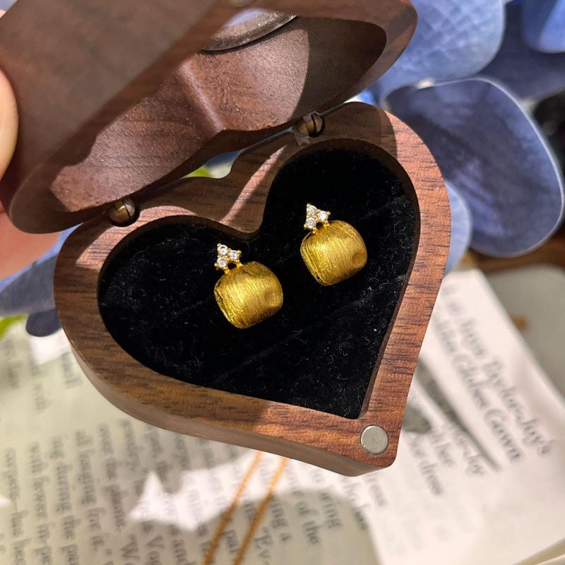 Italian Brushed Craft, Small Golden Bean Necklace, Stud Earrings, Retro Irregular Collarbone Chain, High-End Set.