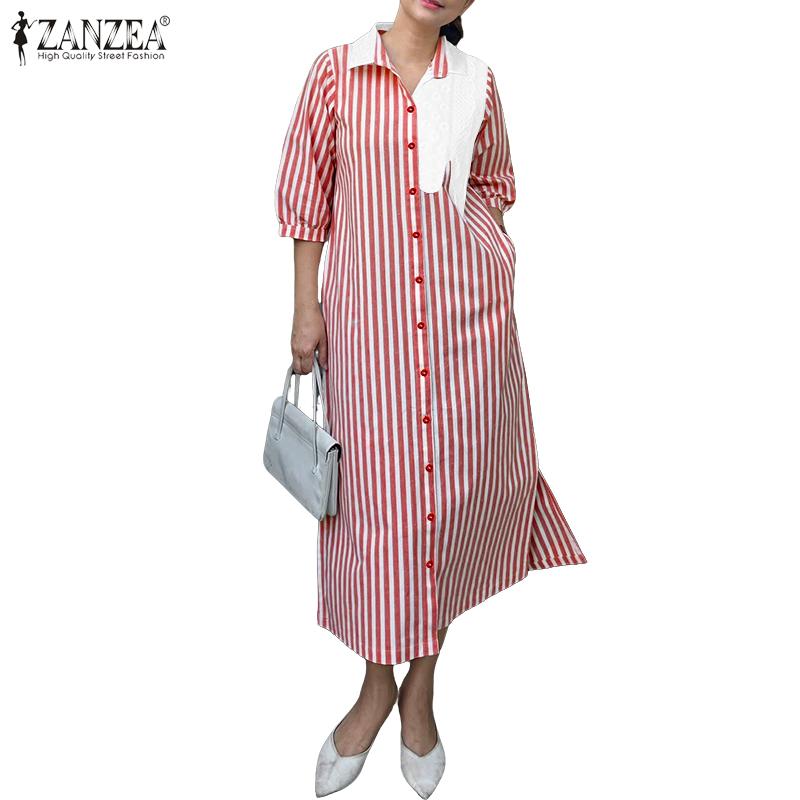 ZANZEA Women Casual Turn Down Collar Loose 3/4 Sleeve Stripe Dress