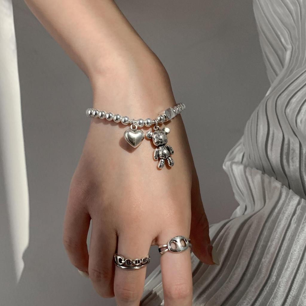 Korean S925 Silver Bear Bracelet: Retro Fashion Heart Bangle with Round Beads and Square Accents