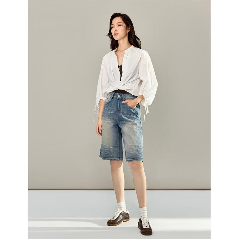 INMAN Women's Rhinestone Washed Denim Shorts