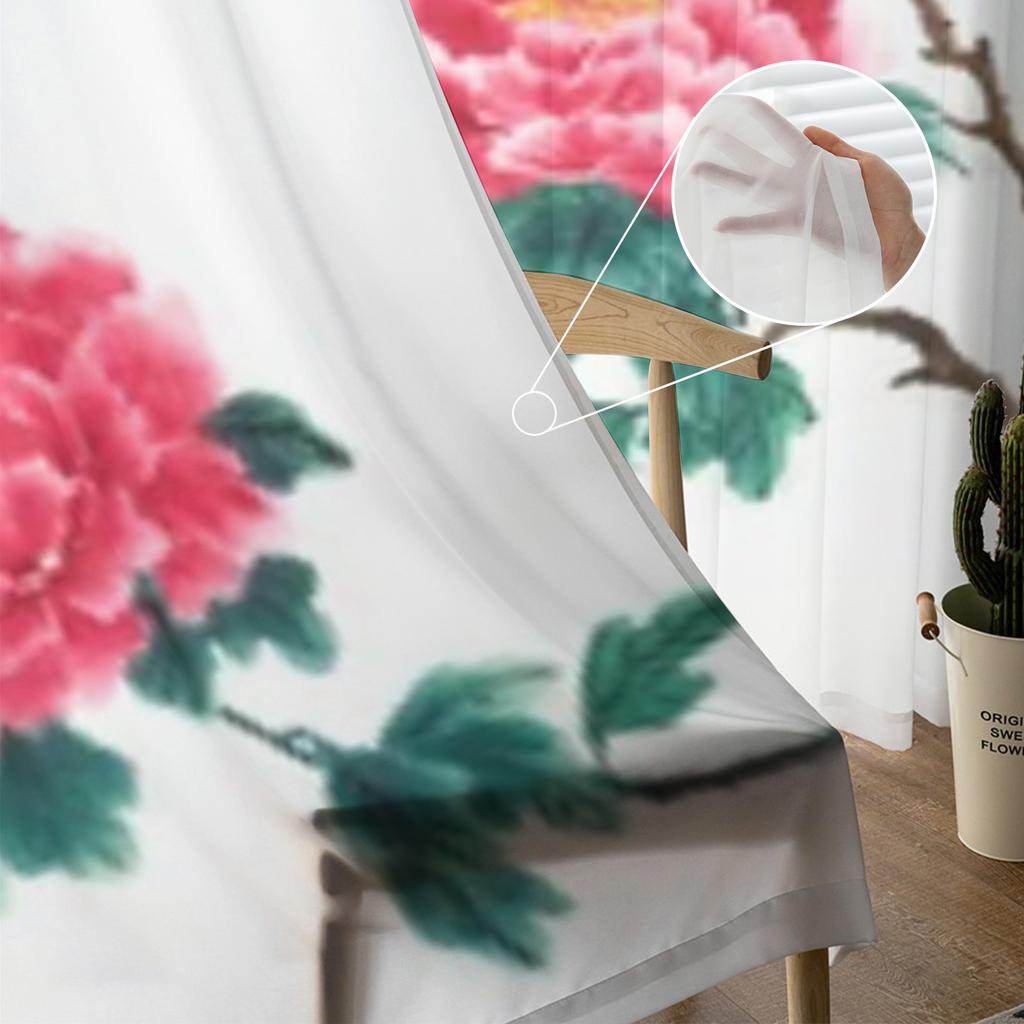 Chinese Peony Flowers Sheer Window Curtains For Living Room Bedroom Modern Voile Tulle Curtains Fabric Drapes For Kitchen