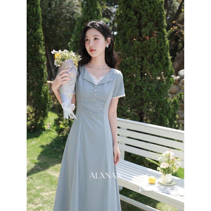 Luxiangnan Light Blue Faux Two-Piece Lace Summer Midi Dress M светло-синий