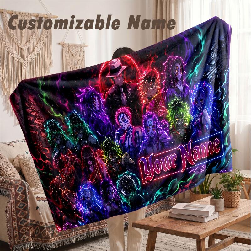 Custom Name Flannel Blanket,Demon Slayer Lightweight Warm Bed Blanket For Couch & Holiday Gift