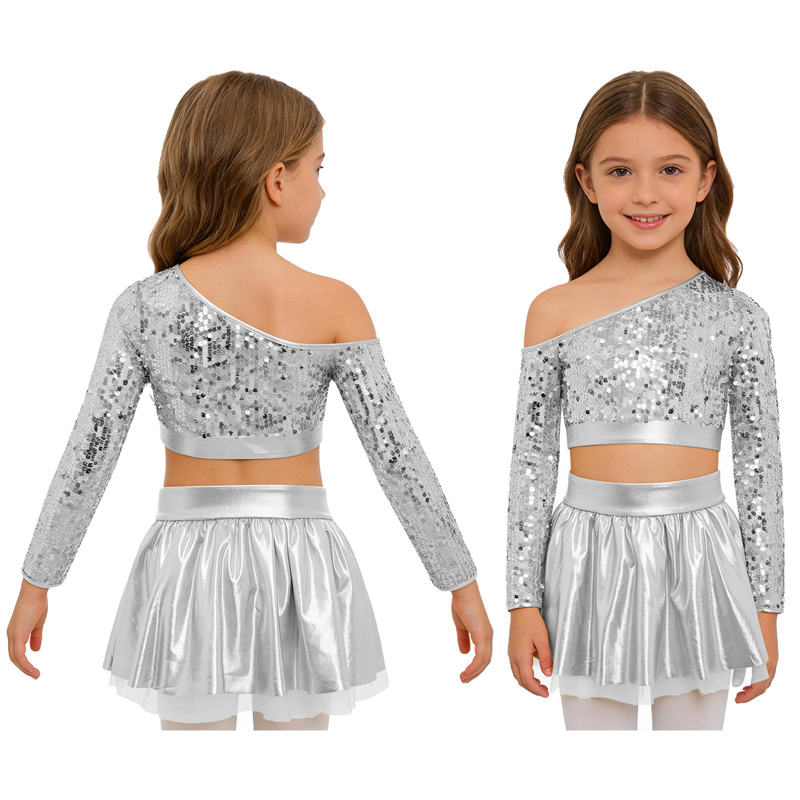 

Kids One Shoulder Sequins Top and Metallic Tutu Skirt Set Long Sleeve Elastic Waistband Jazz Dance Costume for Competition Stage 5-6 Years срібний