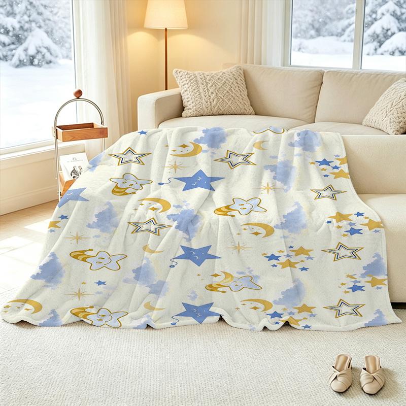 Thick Warm Flannel Blanket, Cartoon Stars & Moon Pattern, Soft Cozy for Home, Guest Room, Christmas & Halloween Use & Decor